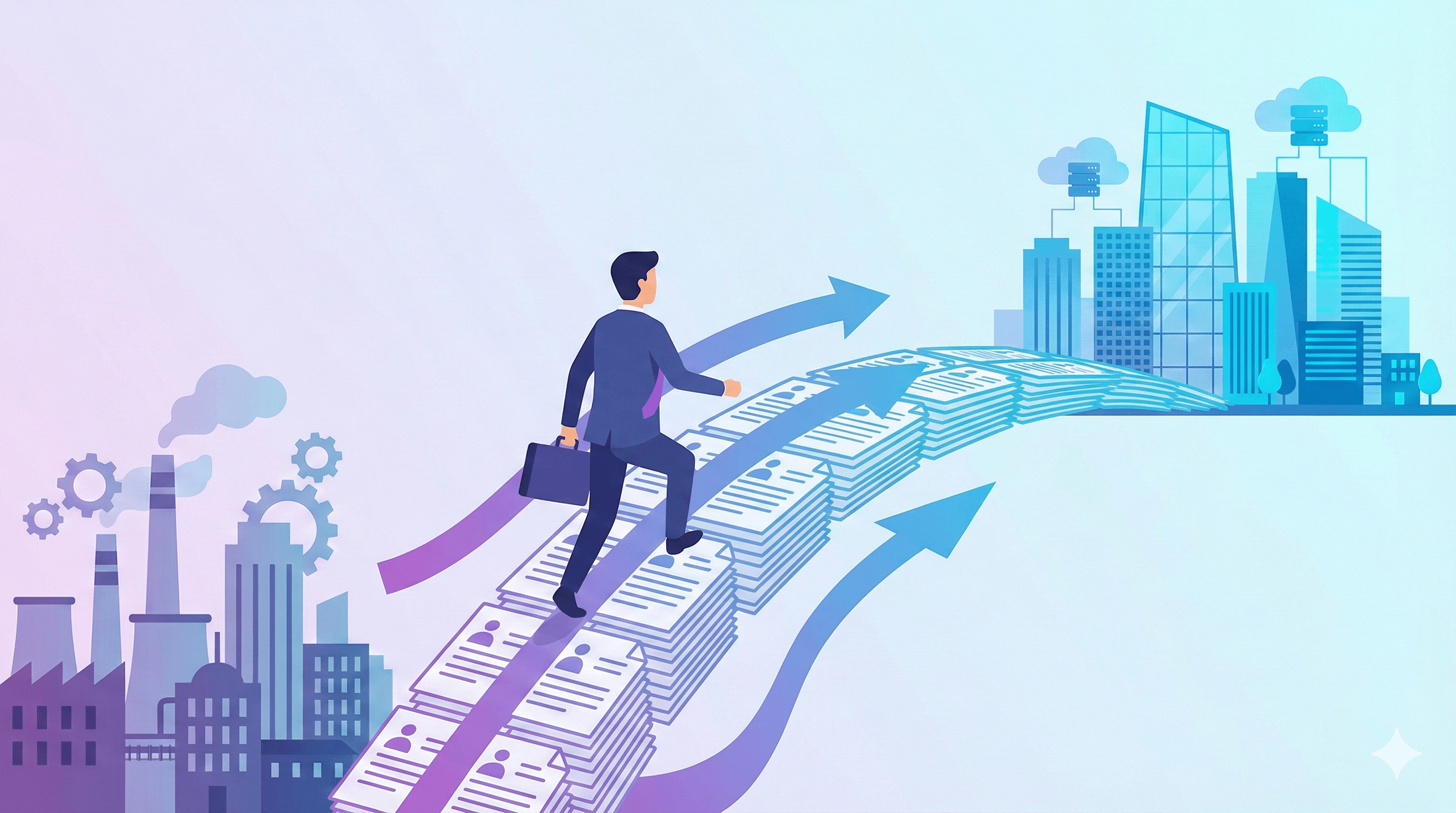 Professional crossing bridge between different career industry skylines