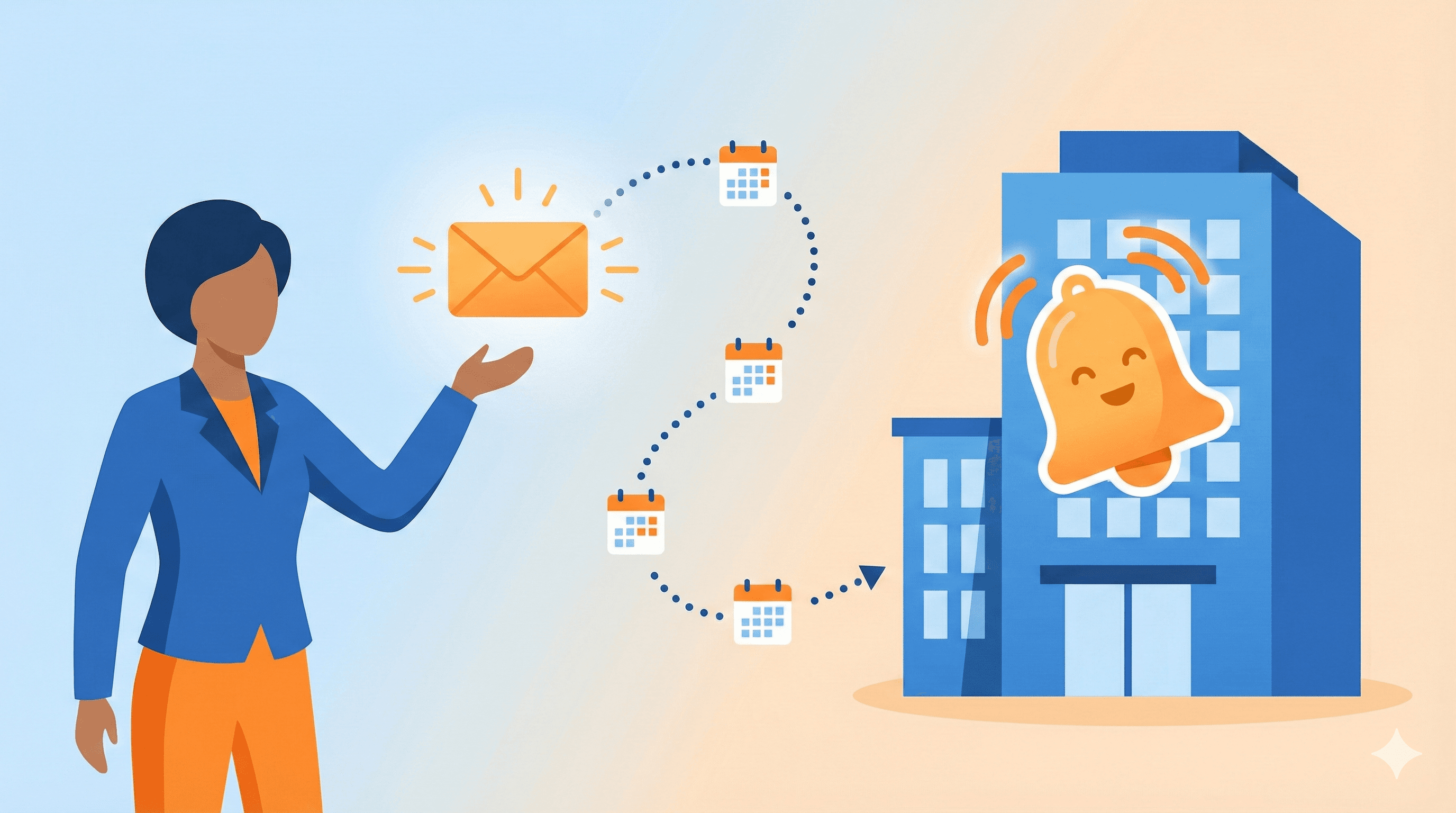 Email envelope traveling toward company building with notification bell