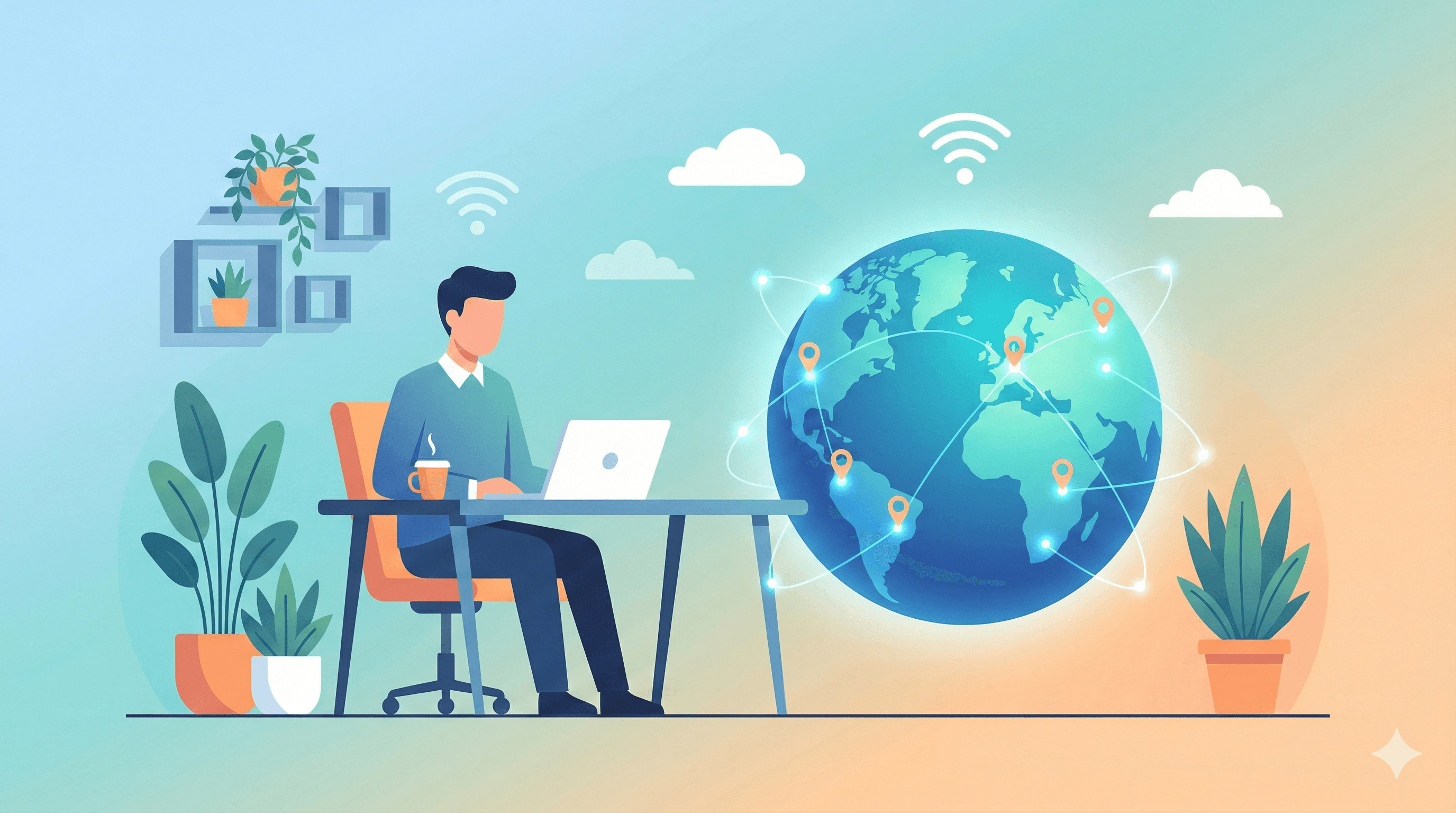 Home office setup with globe showing worldwide remote job connections