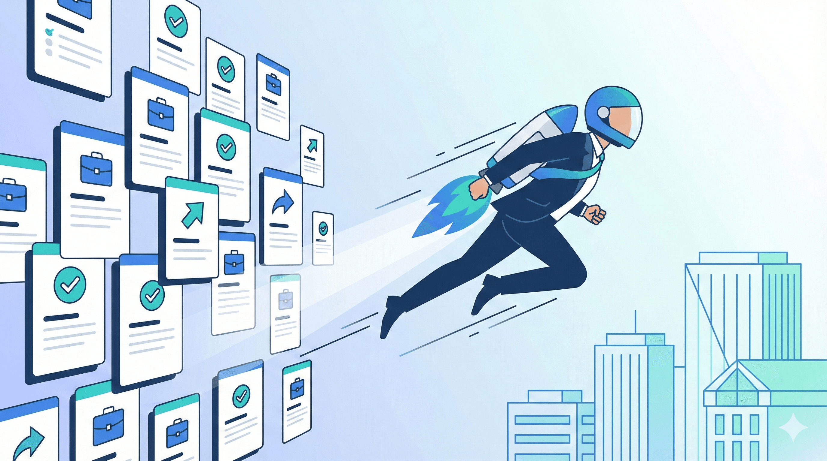 Professional with rocket pack flying past job application cards showing fast job search