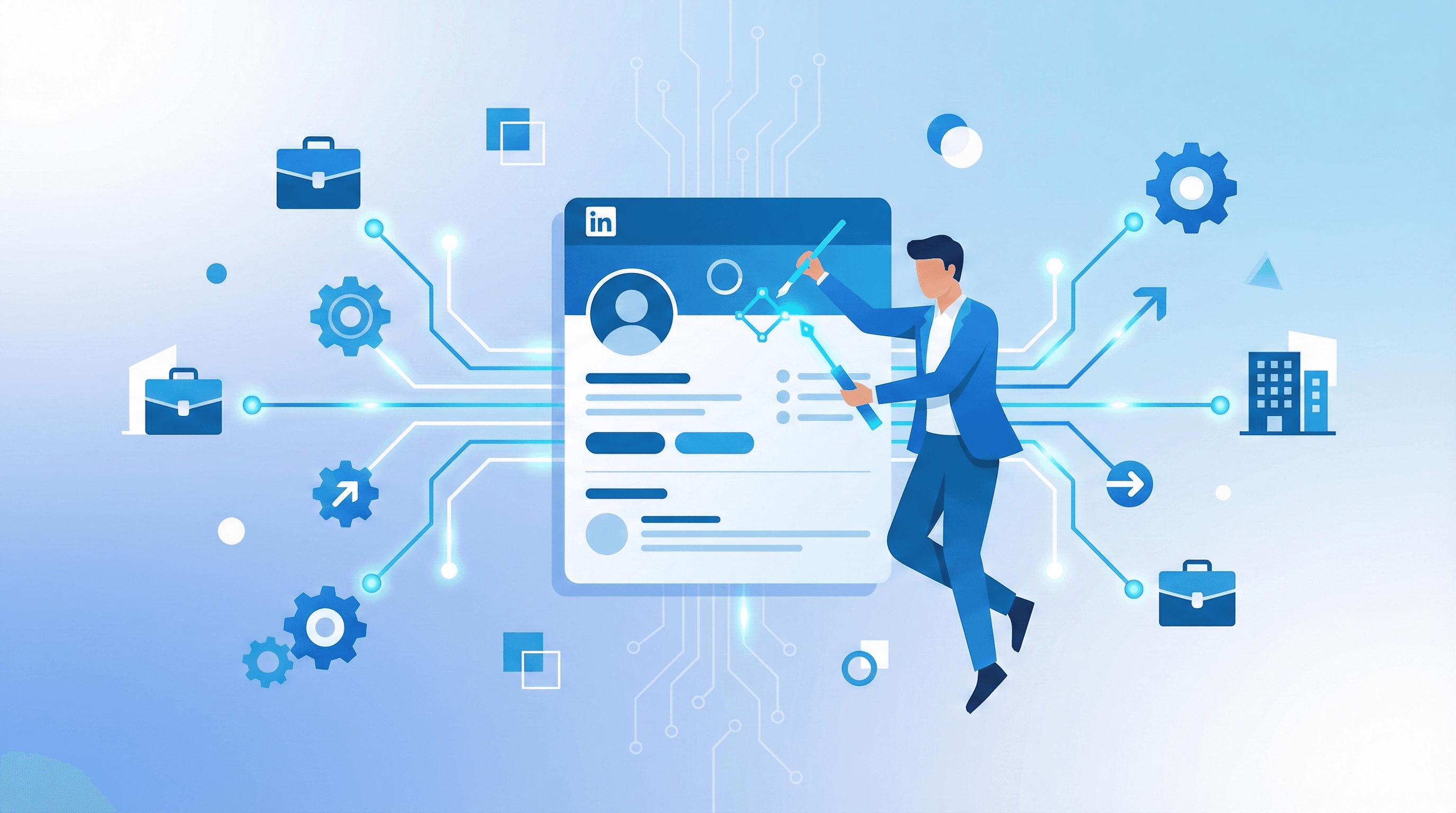 LinkedIn profile card connected to job opportunities through network visualization